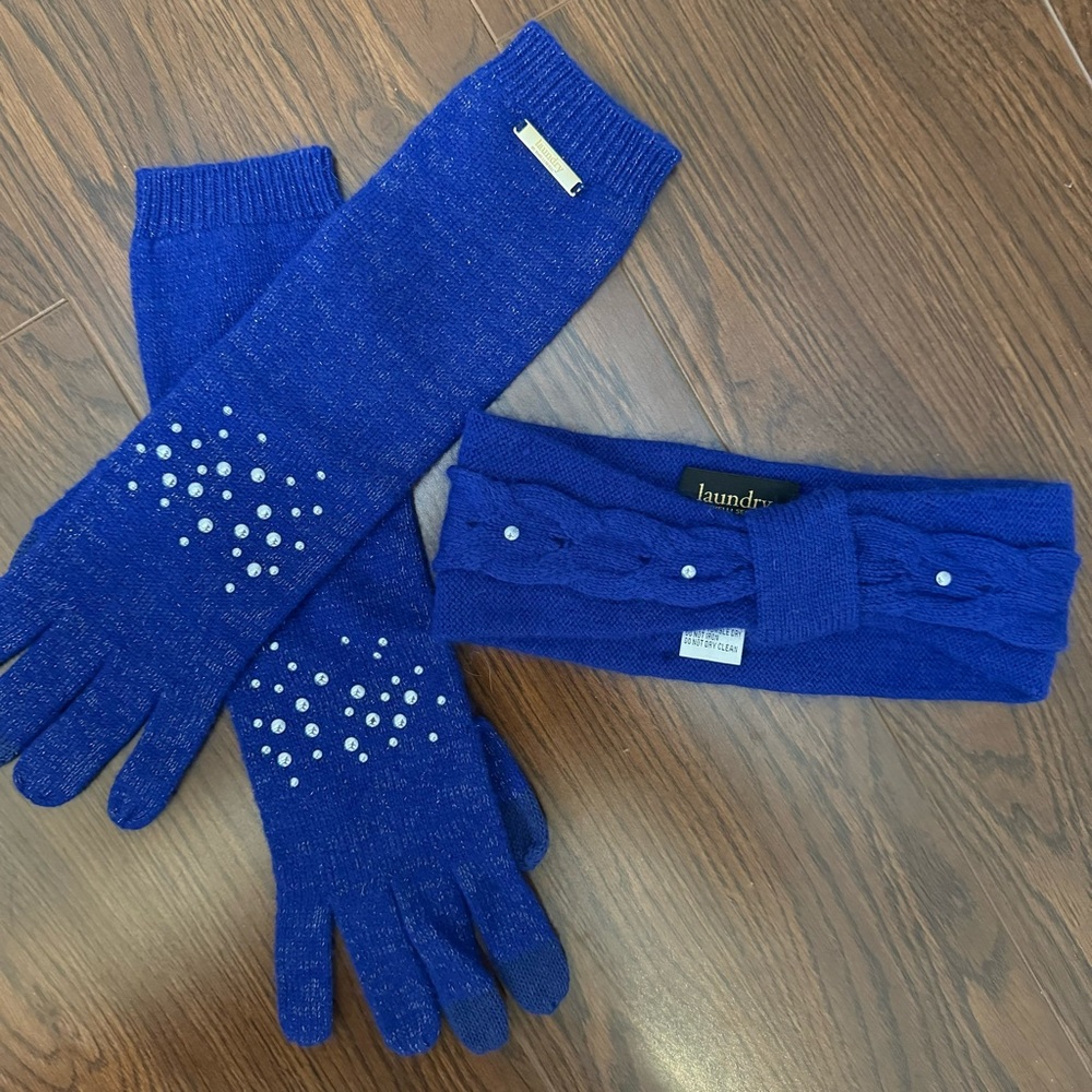 Laundry Shelli Segal Set Wool Gloves and Headband Ear Warmer Royal Blue Metallic